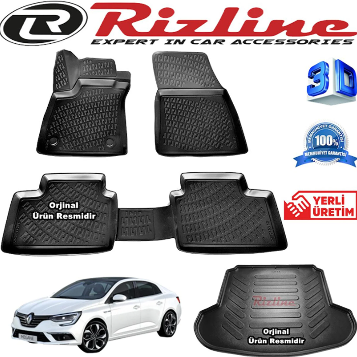 Rizline Megane 4 3D Paspas + 3D Çift Kulaklı Bagaj Havuzu Sedan 2016 Sonrası Siyah Set