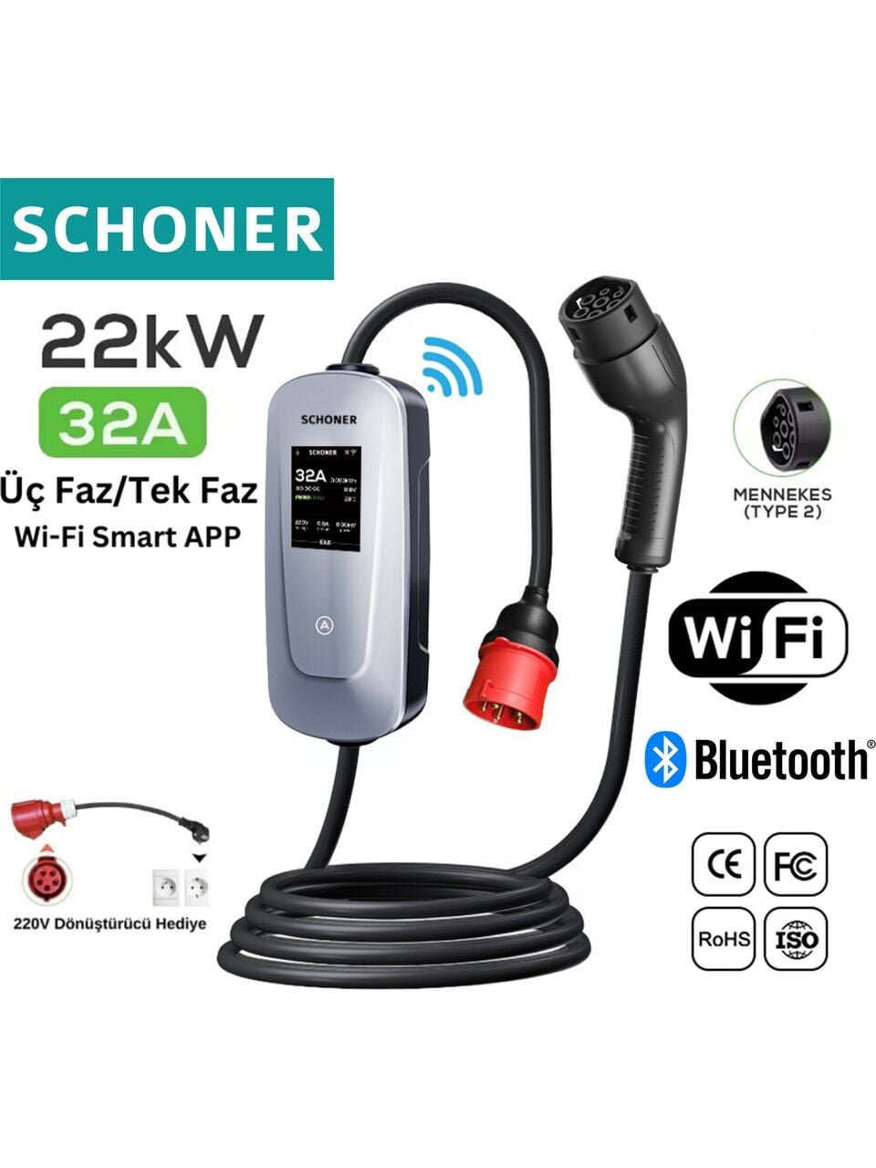 Schoner 22 kW T2 Kablolu Elektrikli Araç Şarj İstasyonu