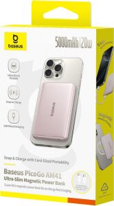 Baseus PicoGo AM41 Ultra Slim Pembe 5000 mAh Hızlı Şarj MagSafe Powerbank