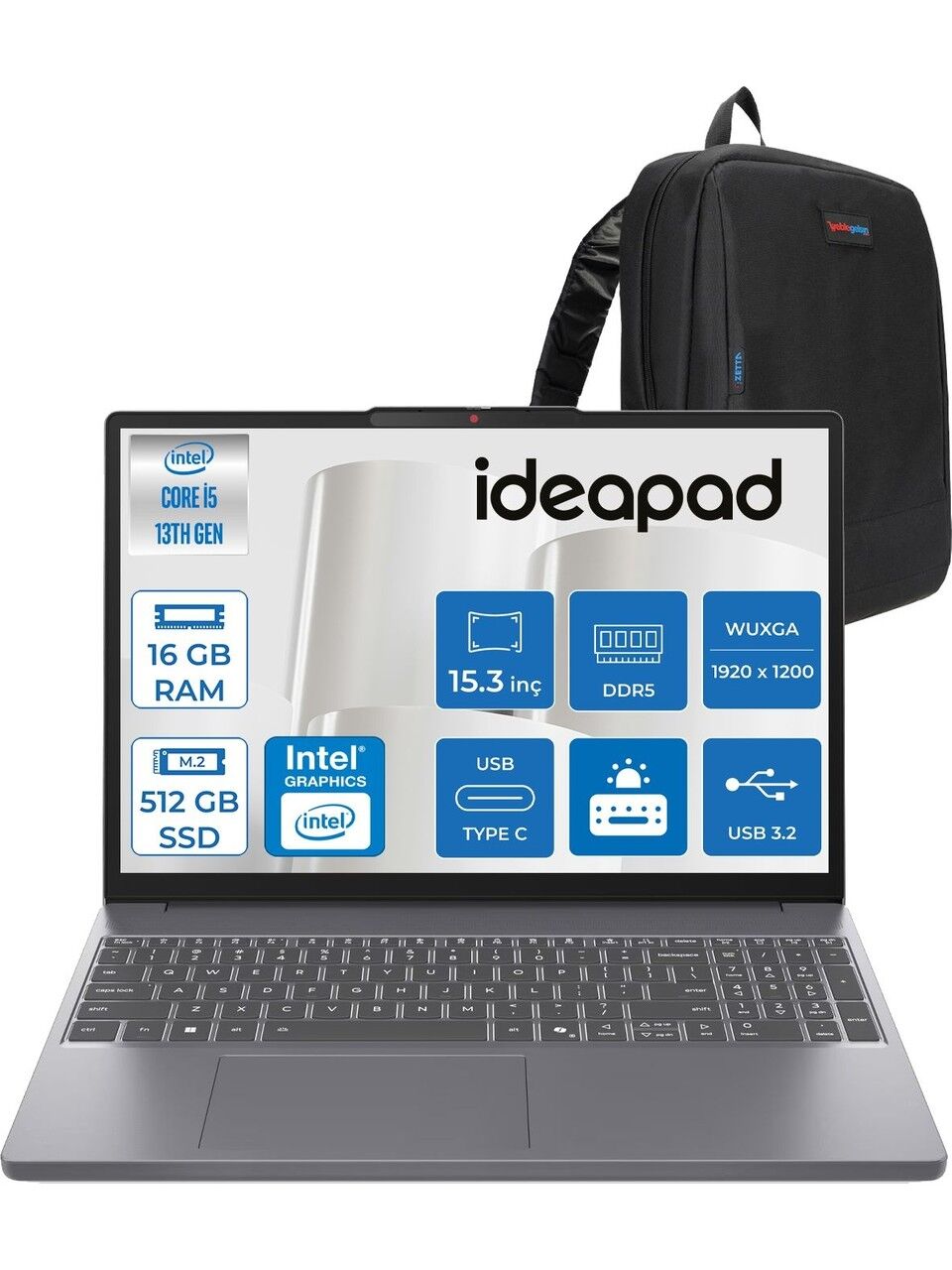 Lenovo Ideapad Slim 3 15IRH10 Intel Core I5 13420H 16GB 512GB SSD Freedos 15.3'' Wuxga (1920X1200) IPS 300NITS Taşınabilir Bilgisayar IP83K100Q0TRF02 + Zetta Çanta